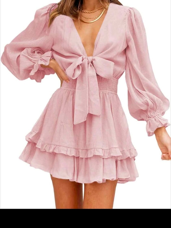 None Dresses & Skirts - Smocked Waist Pink Tie-Front Ruffle Mini Dress